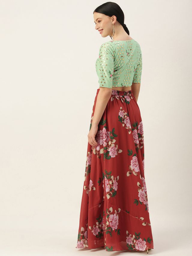 Bollywood Vogue Ready To Wear Green N Rust Embroidered Crop Top N Skirt