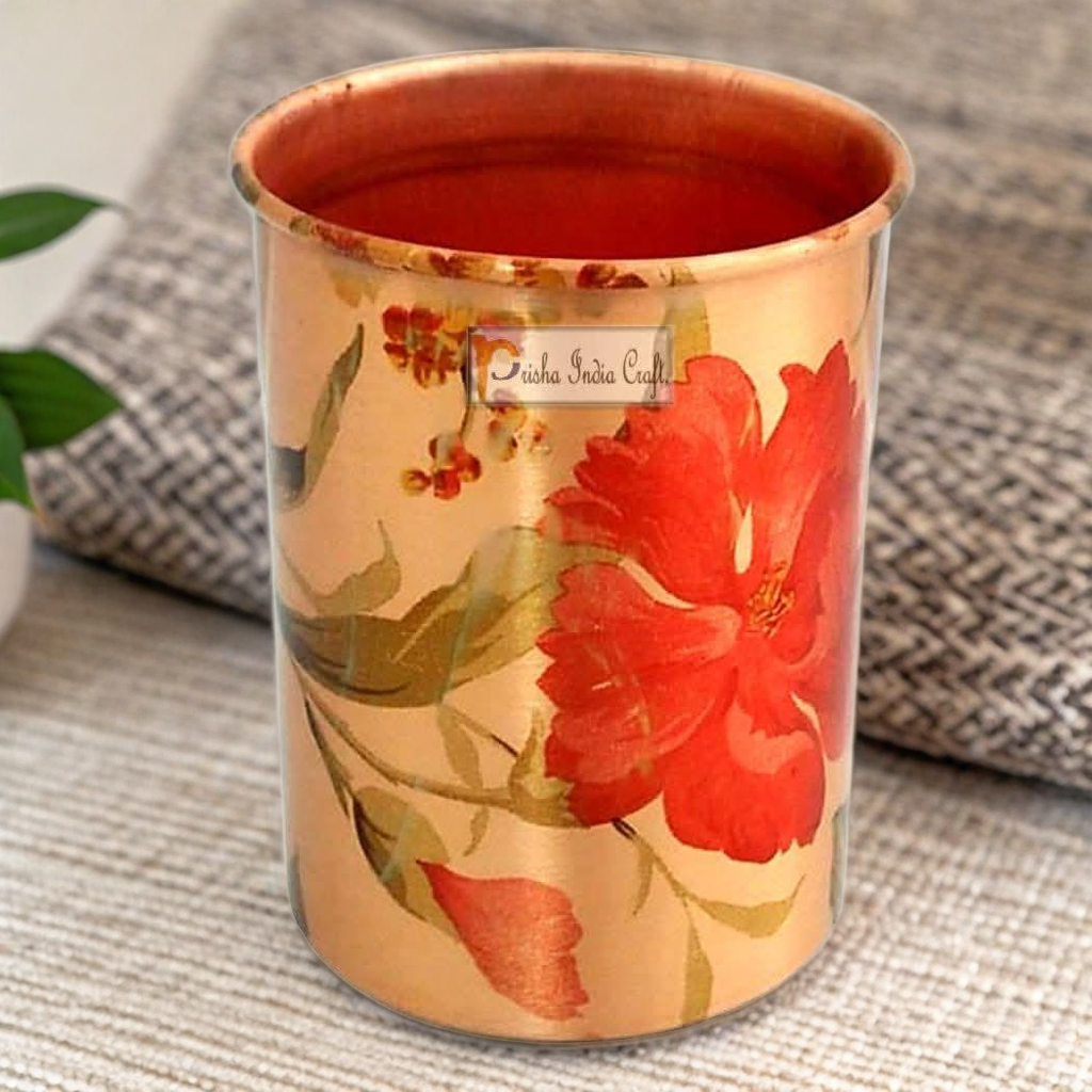 Pure copper digital printed flower design glass tumbler (300ml) | PRISHA INDIA CRAFT