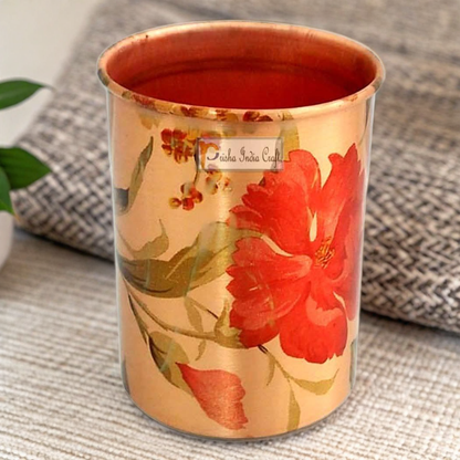 Pure copper digital printed flower design glass tumbler (300ml) | PRISHA INDIA CRAFT