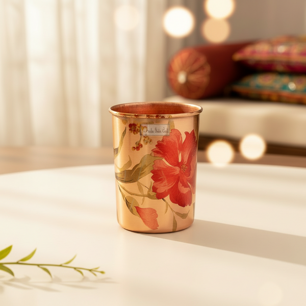 Pure copper digital printed flower design glass tumbler (300ml) | PRISHA INDIA CRAFT