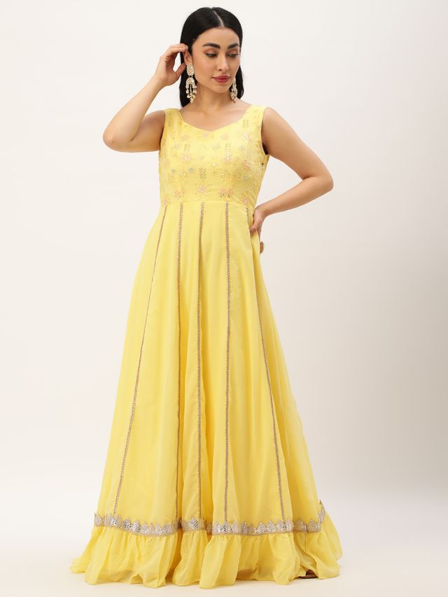 Bollywood Vogue Ready To Wear Yellow Embroidered  Georgette Kali Gown