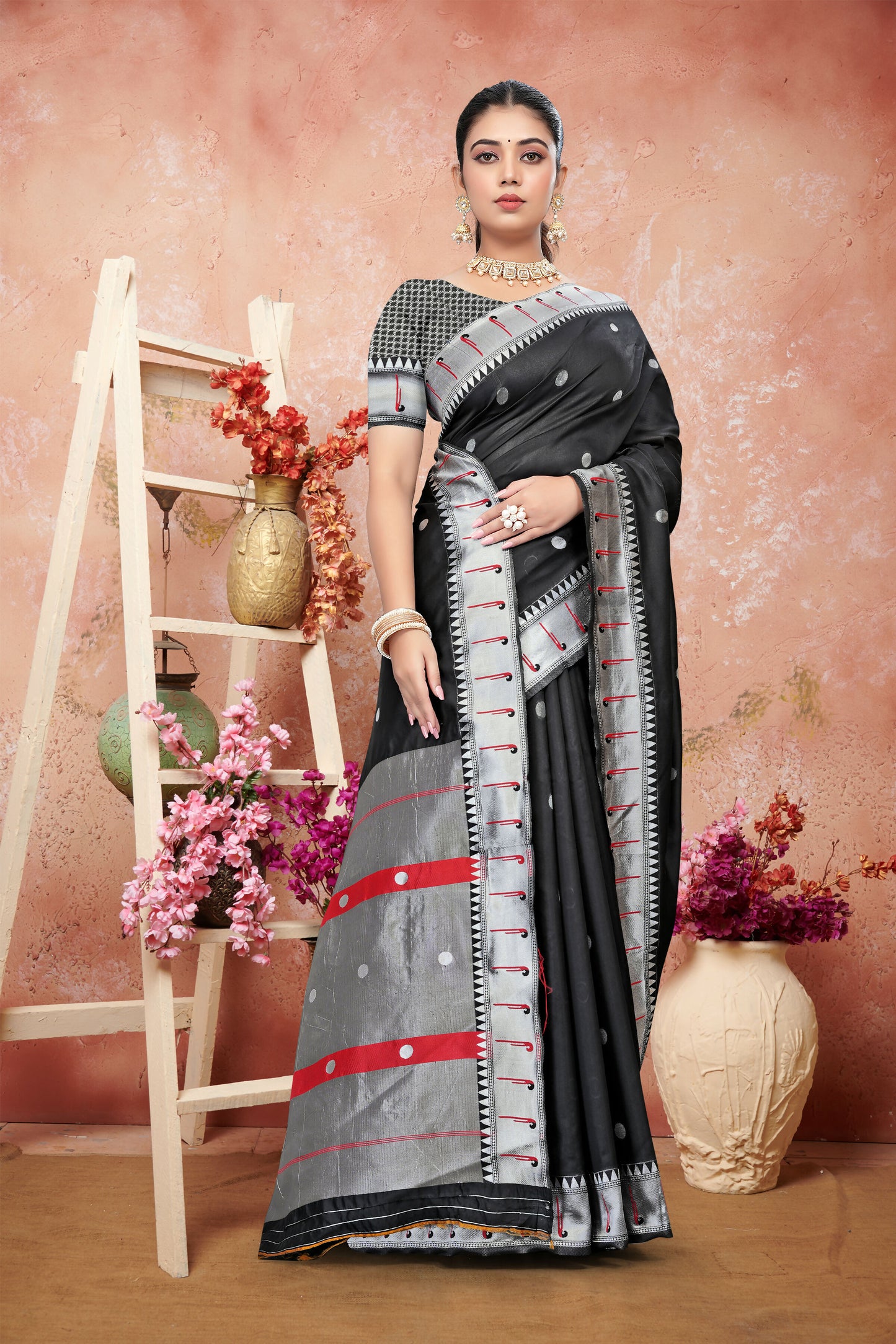 AXONIT Cultural Classic Black Cotton Saree with Elegant Silver Zari Work and Festive Red Border