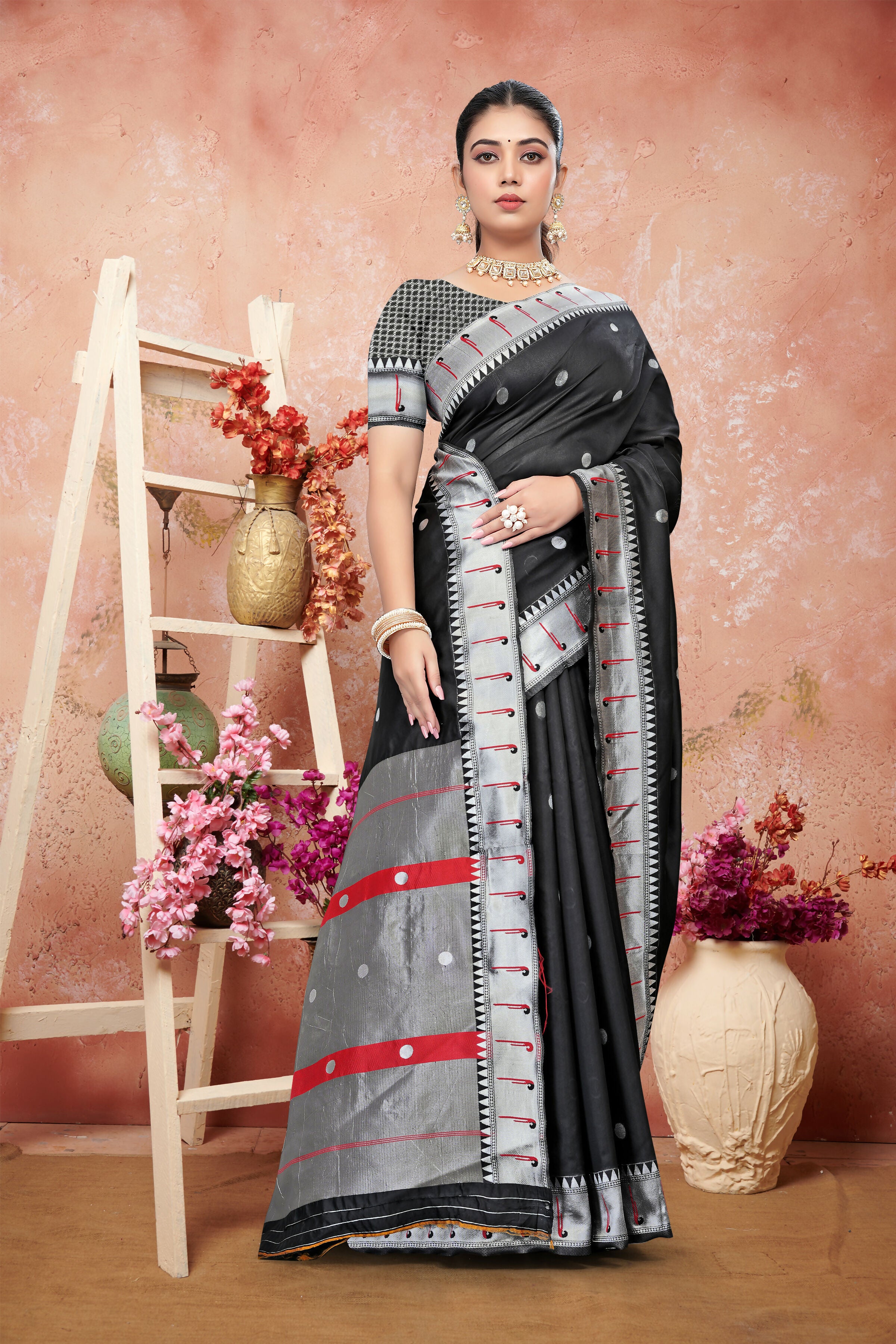 AXONIT Cultural Classic Black Cotton Saree with Elegant Silver Zari Work and Festive Red Border