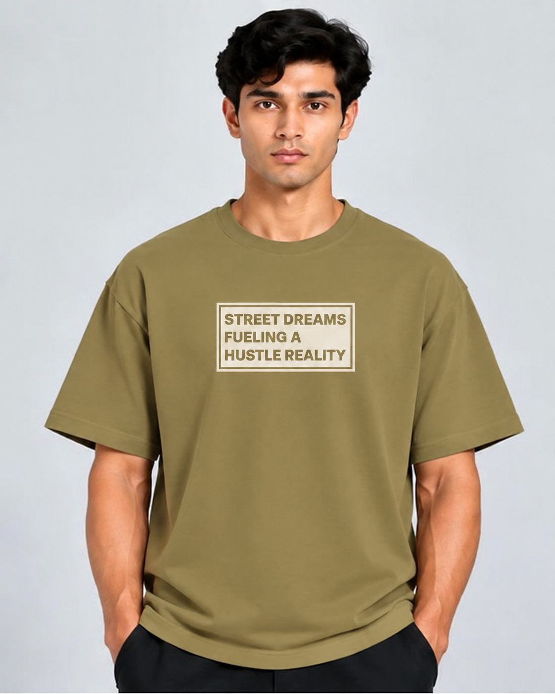 HUSTLE Men's Crew Neck Oversized T-Shirt – Khaki Olive