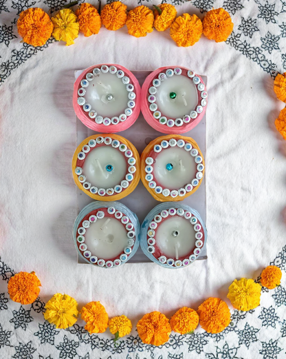 SBE Big Wax Diya – Set of 6 Handcrafted Decorative Clay Diyas with Wax & Wick for Festivals, Pooja & Home Décor”