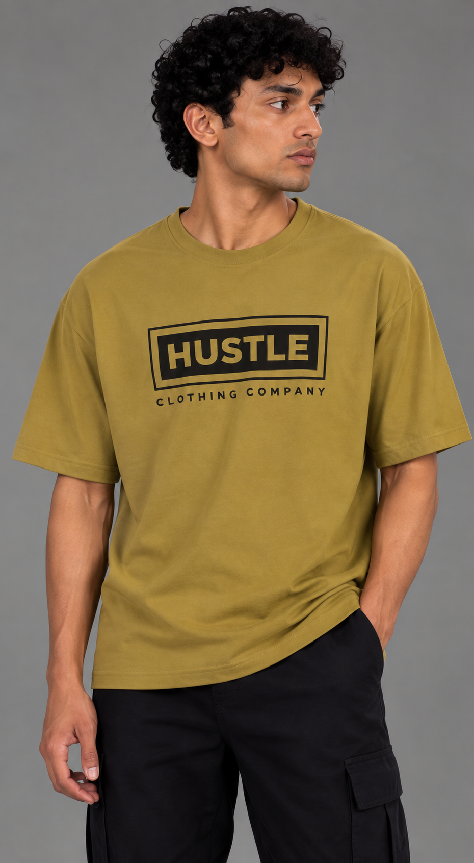 HUSTLE Men's Crew Neck Oversized T-Shirt – Golden Olive