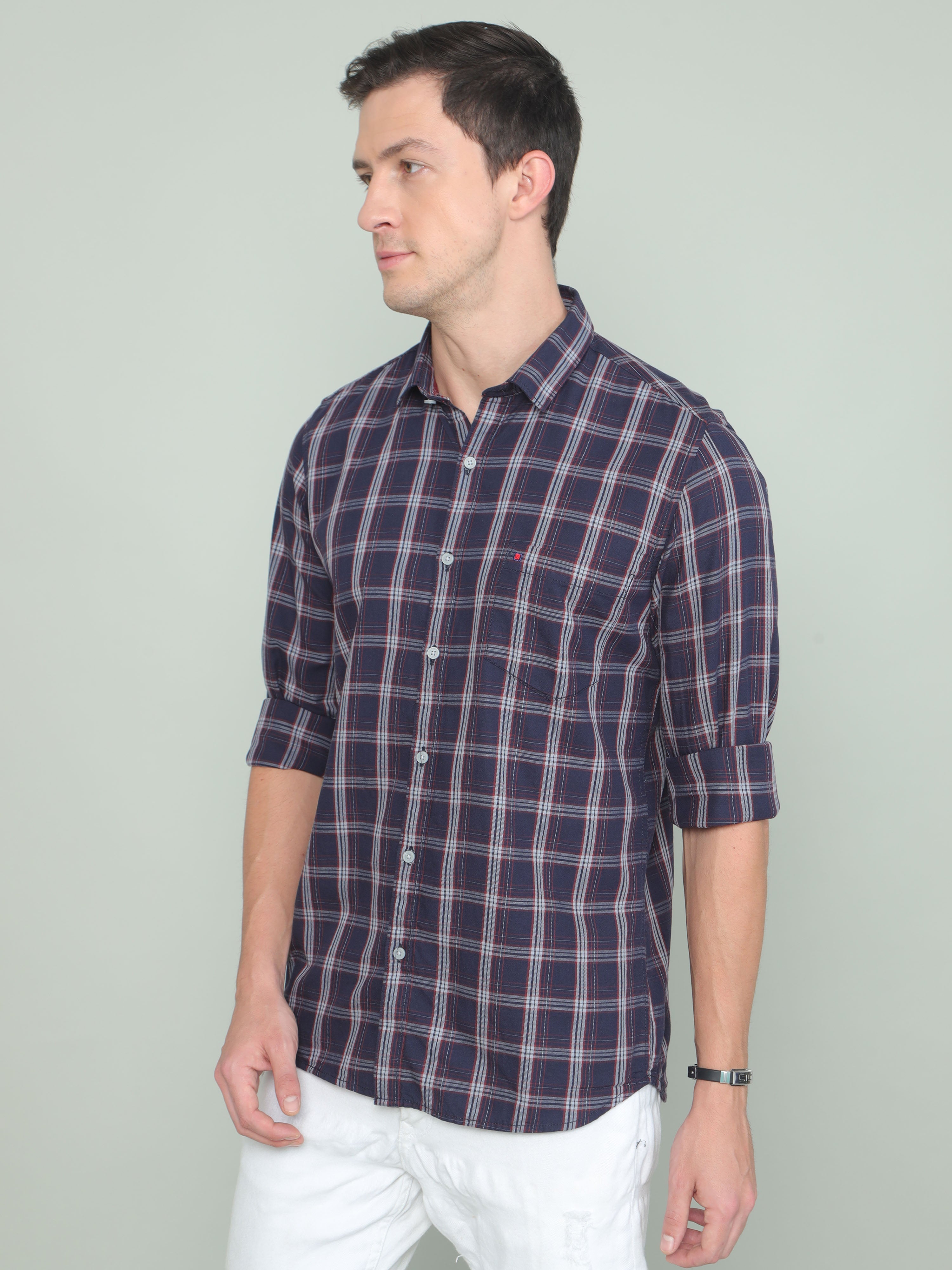 Men's Blue Slim Fit Checks Full Sleeves Casual Shirts