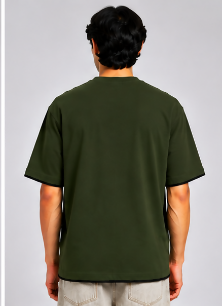 HUSTLE Men's Oversized Fit Crew Neck T-Shirt – Dark Olive Green(Oversized fit)