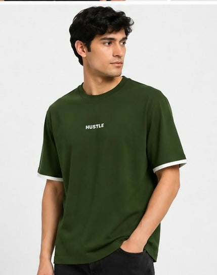 HUSTLE Men's Oversized Fit Crew Neck T-Shirt – Dark Olive Green(Oversized fit)