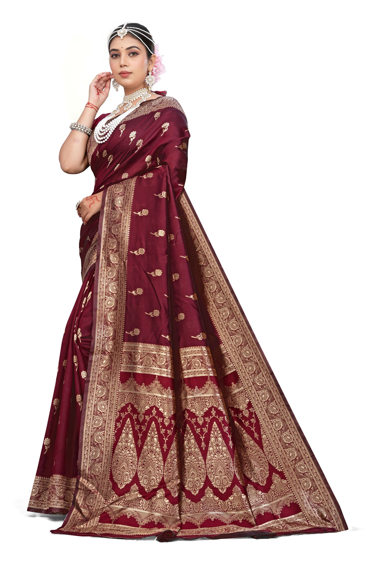 AXONIT Majestic Maroon Premium Jacquard Silk Saree with Golden Zari Work