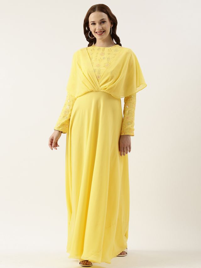 Bollywood Vogue Ready To Wear Yellow Georgette Embroidered Gown