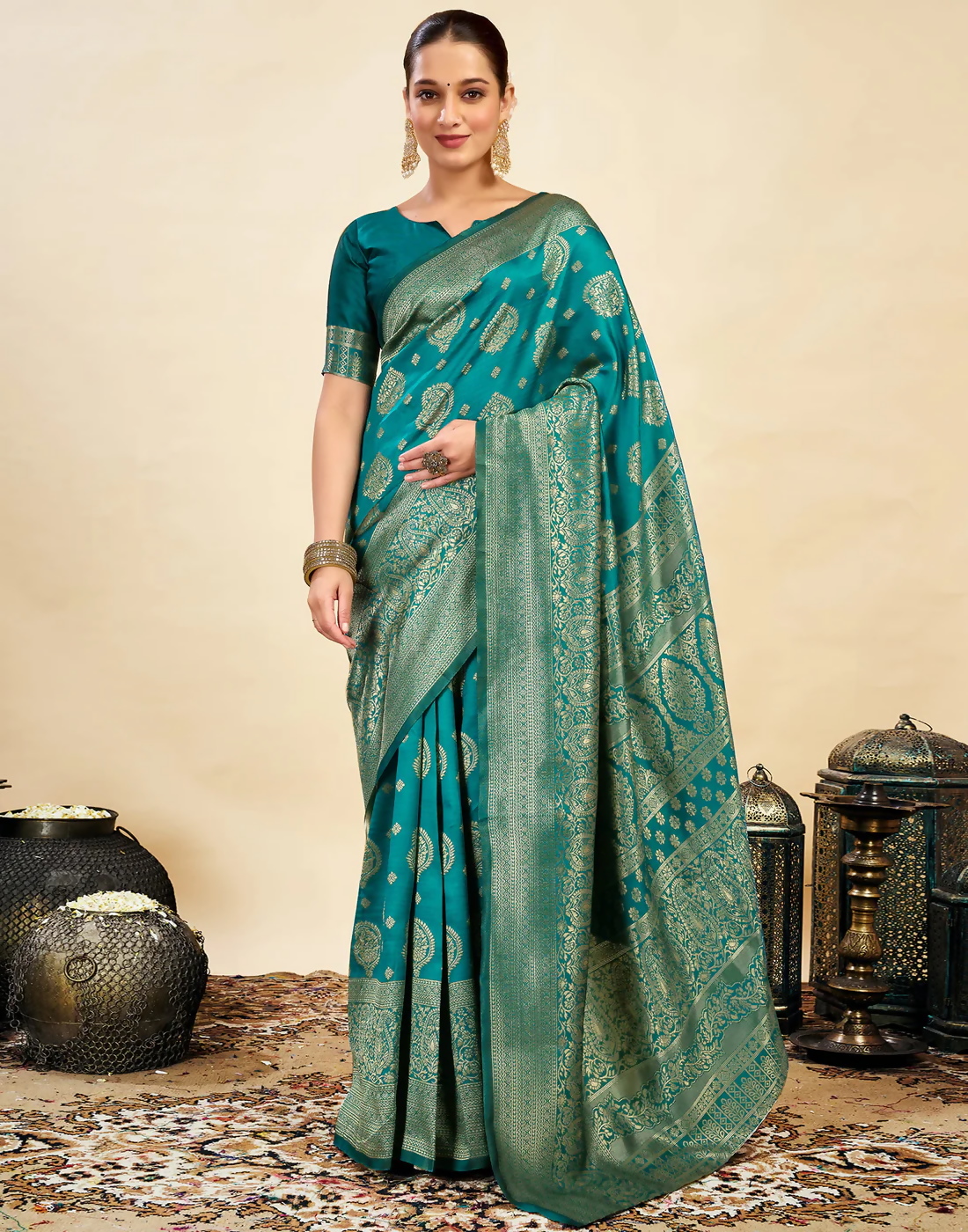 AXONIT Royal Jacquard Saree with Golden Zari Butta & Brocade Border