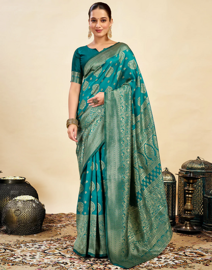 AXONIT Royal Jacquard Saree with Golden Zari Butta & Brocade Border