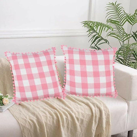 Lushomes Square Cushion Cover with Pom Pom, Cotton Sofa Pillow Cover Set of 2, 18x18 Inch, Big Checks( 45x45cm, multi-color) - HalfPe