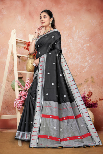 AXONIT Cultural Classic Black Cotton Saree with Elegant Silver Zari Work and Festive Red Border
