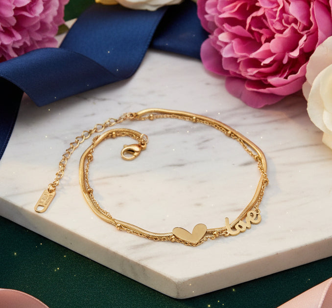 Jazz And Sizzle Gold Plated Heart & Love Stainless Steel Anklet for Valentines Gift