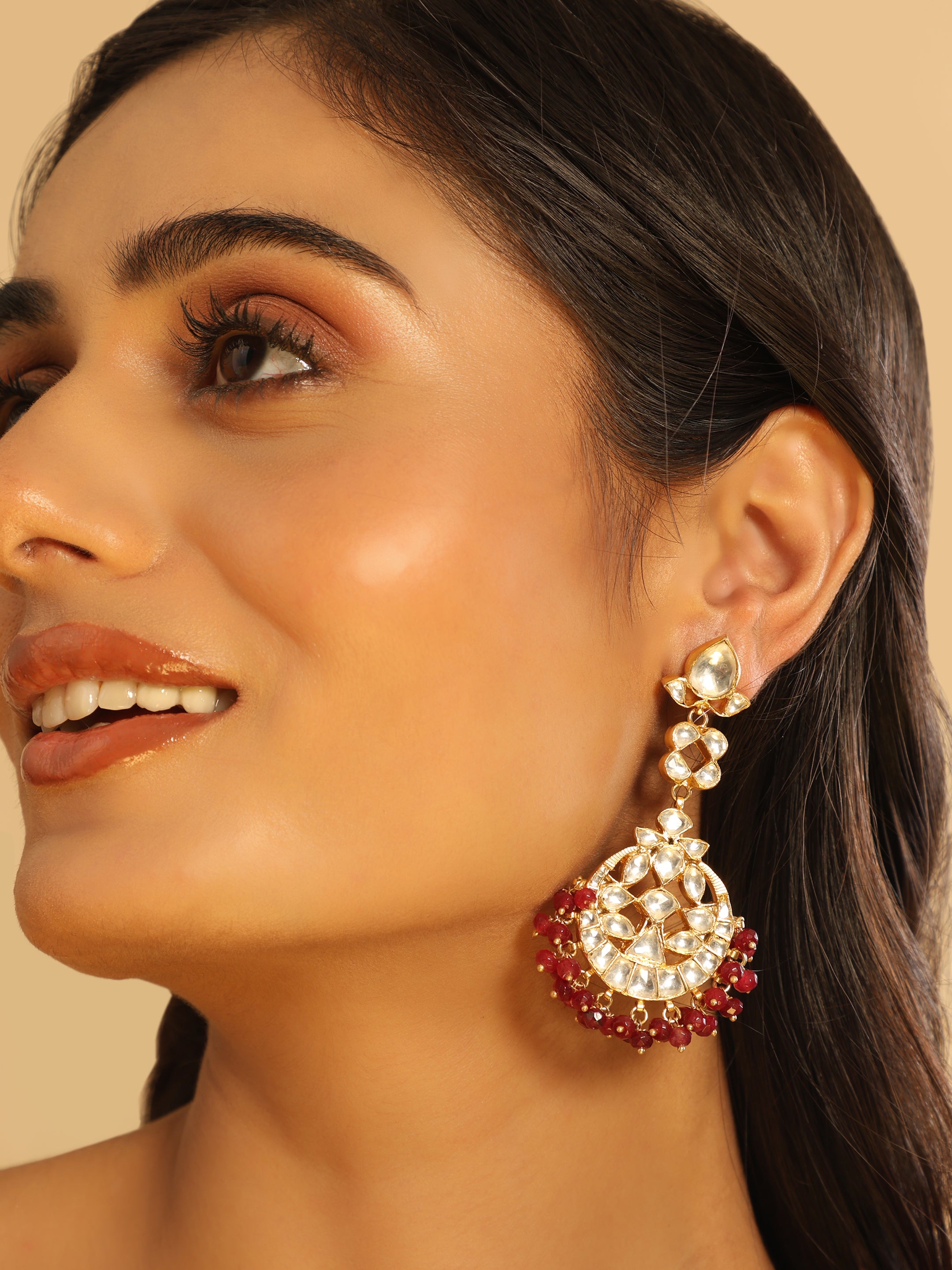 22K Gold Plated Ruby Kundan Chandbali Earrings