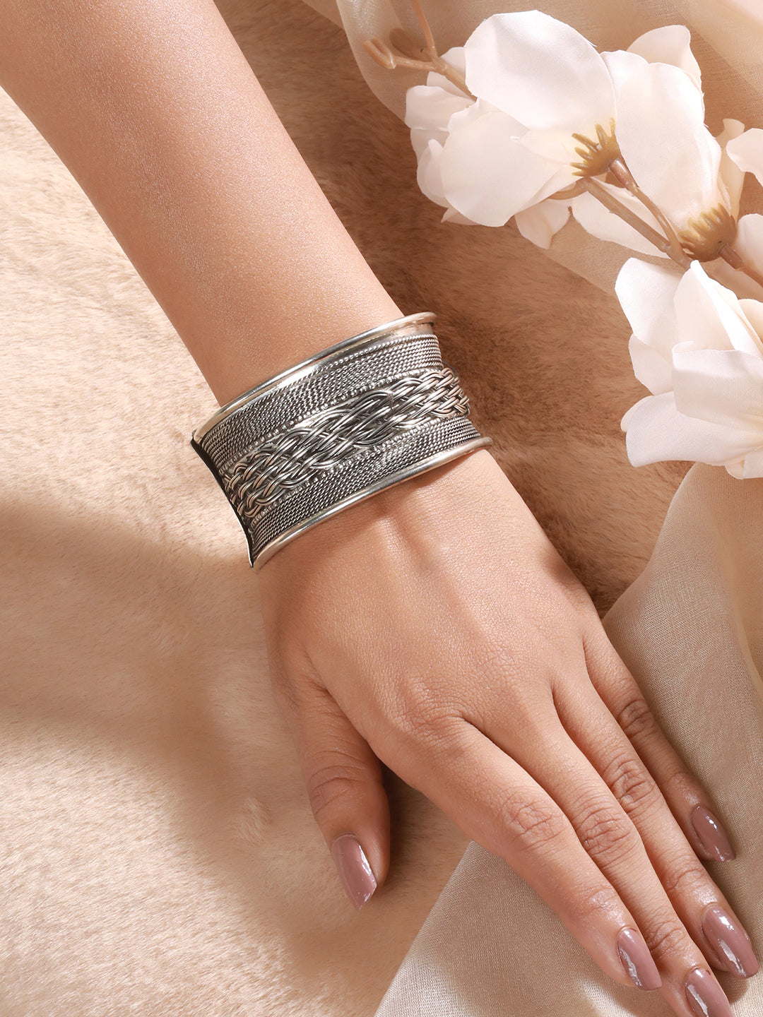 Women Silver-Plated Oxidised Cuff Bracelet