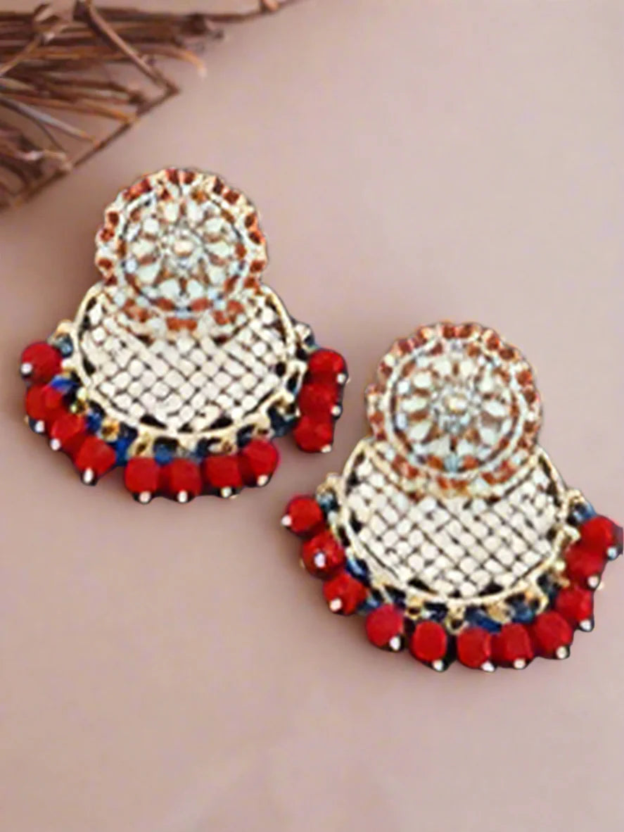 Jazz And Sizzle Red & Gold Plated Floral Shaped Drop Earrings