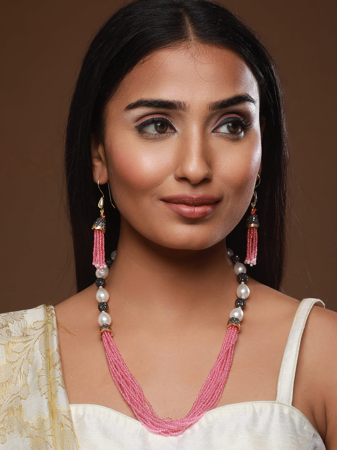 Gold-Plated Beaded Necklace And Earrings