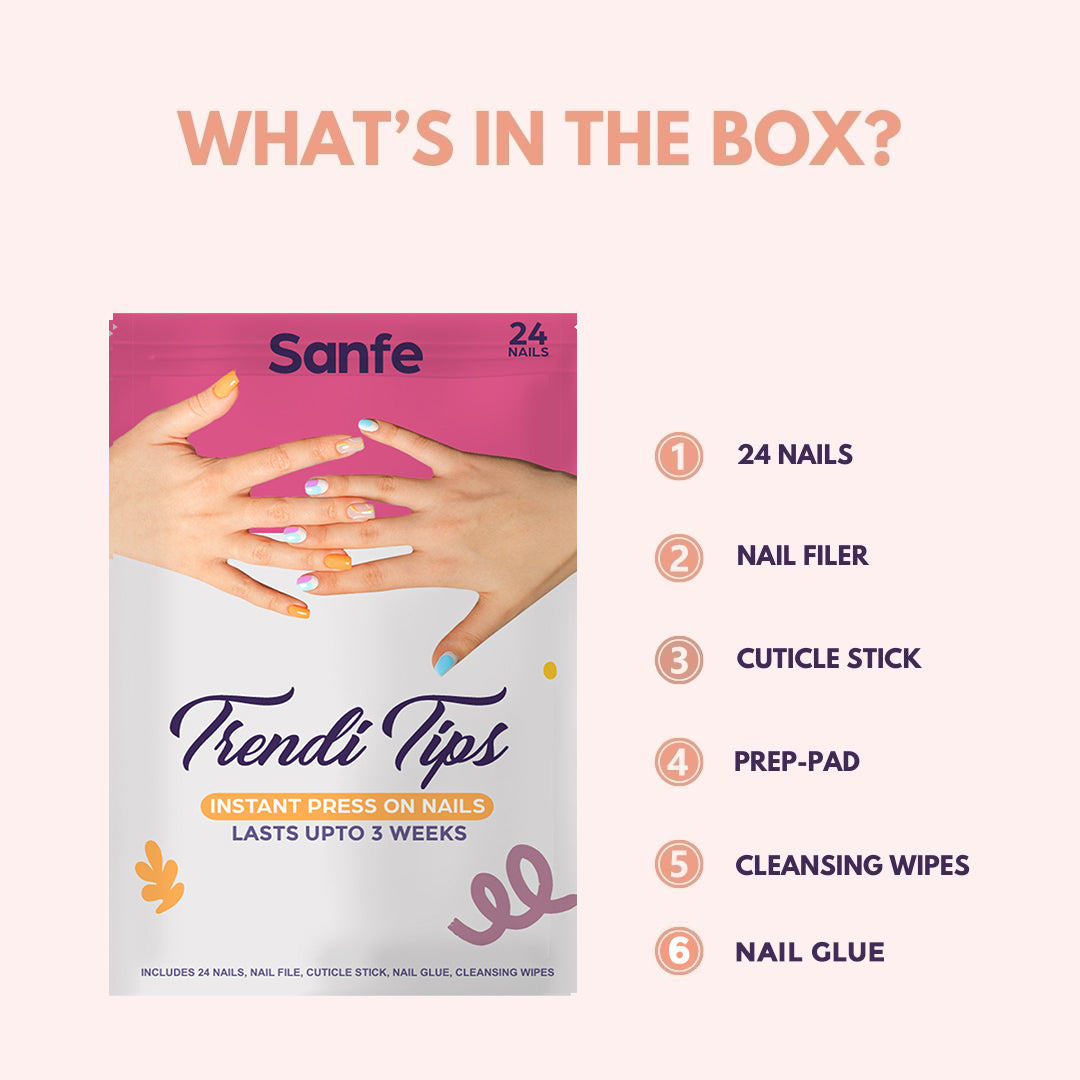 Sanfe Instant Press On Nails - Bloody Marry | 24 Reusable Artificial Fake Nail Set/Extensions | Quick, Lightweight, Salon Look, Lasts upto 3 weeks | For Festivals & Special Occasions