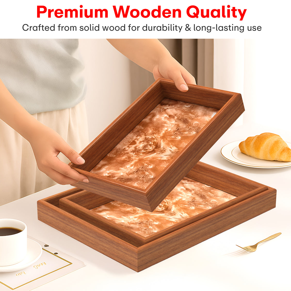 Rioware Wooden Serving Tray Set of 3 | Bamboo Tea & Coffee Serving Trays | Decorative Resin Kitchen & Dining Tray Set | Snack, Breakfast & Home Décor | Terramarble New