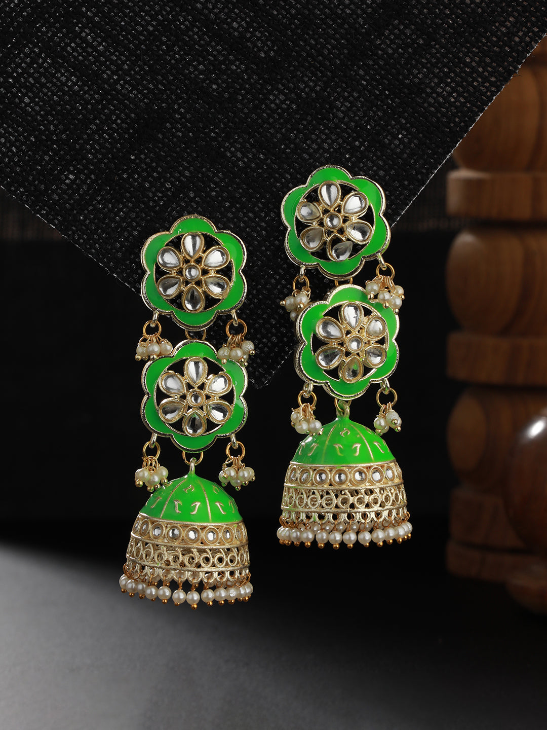 Green & White Meenakari & Kundan Ethnic Long Jhumka Earrings