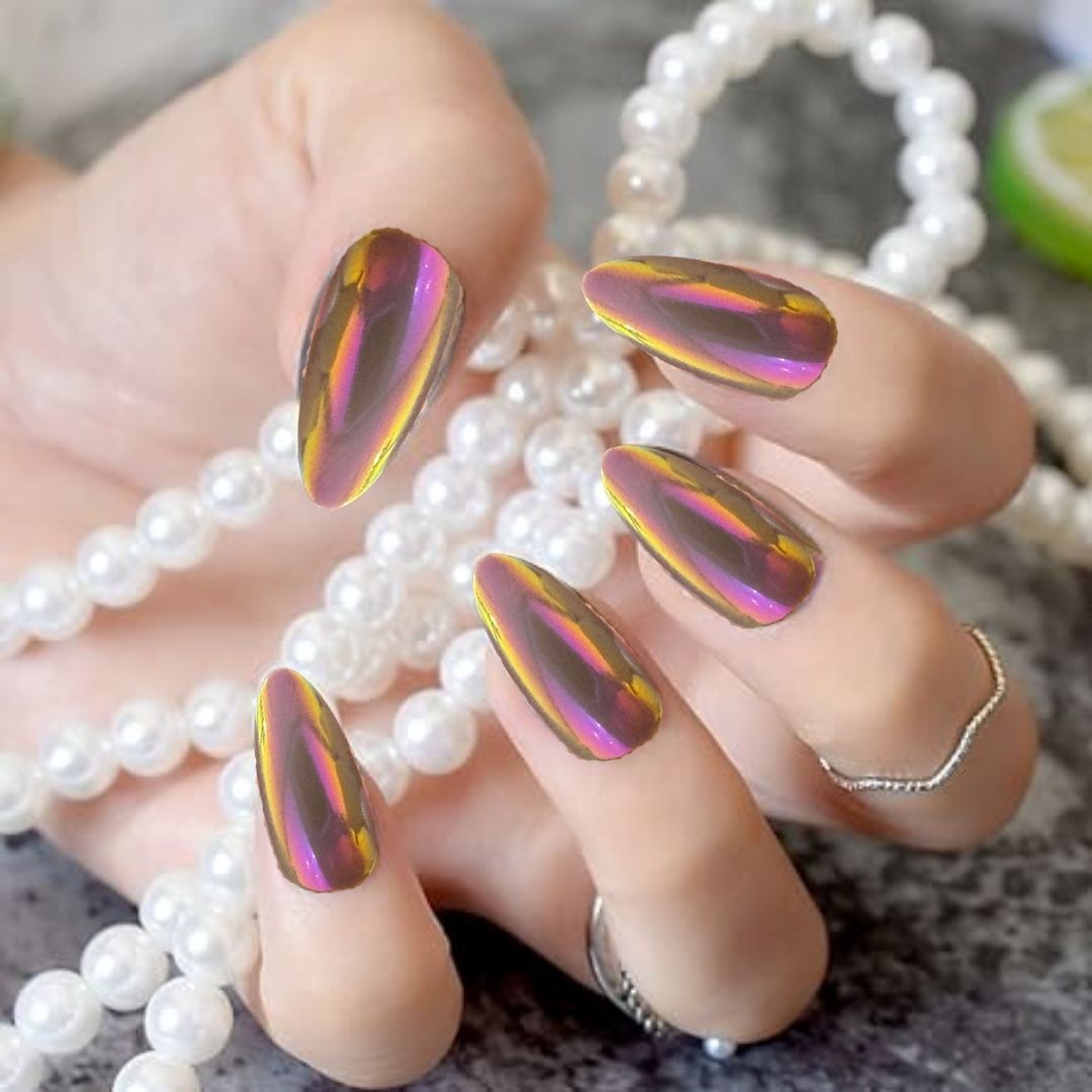 Sanfe Instant Press On Nails - Brown Chrome | 24 Reusable Artificial Fake Nail Set/Extensions | Quick, Lightweight, Salon Look, Lasts upto 3 weeks | For Festivals & Special Occasions