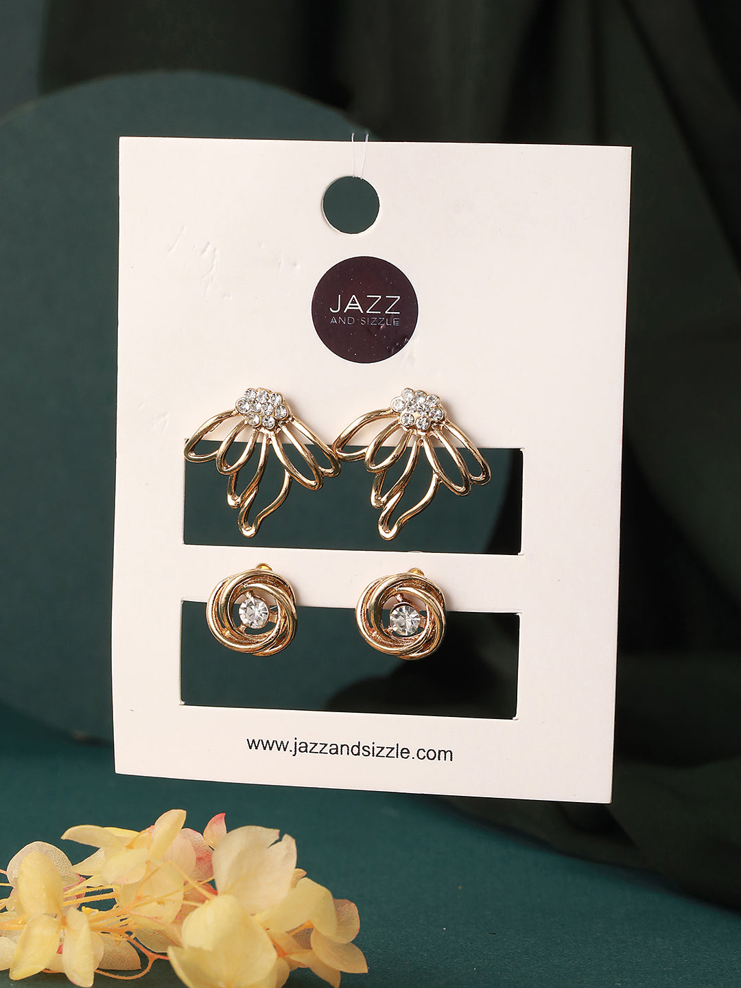 Set Of 2 Cz Studded & Gold Plated Classic Stud Earrings
