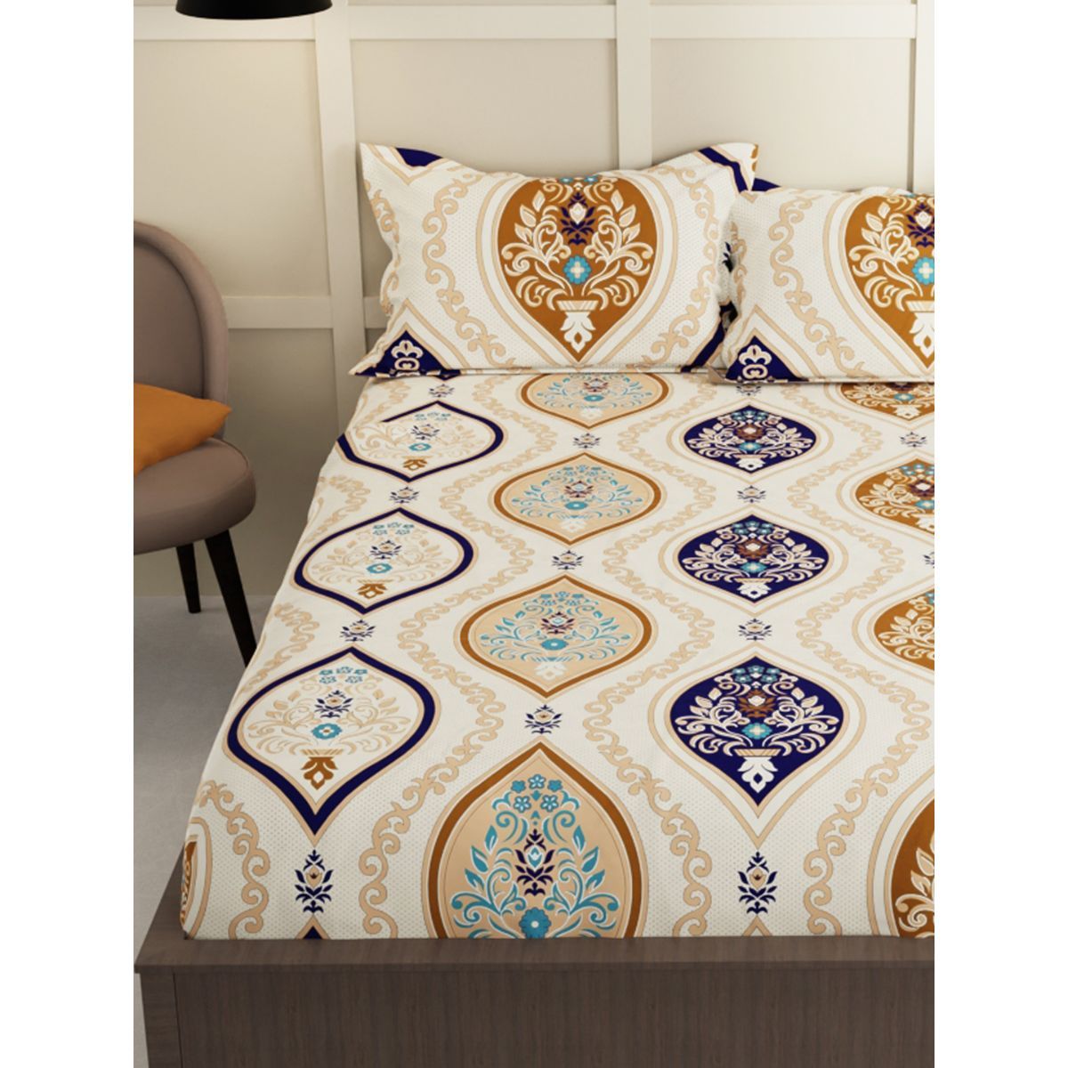 Fantasy Collection Premium Cotton 200 TC Fitted Queen Bedsheet with 2 Pillow Covers - Off-White