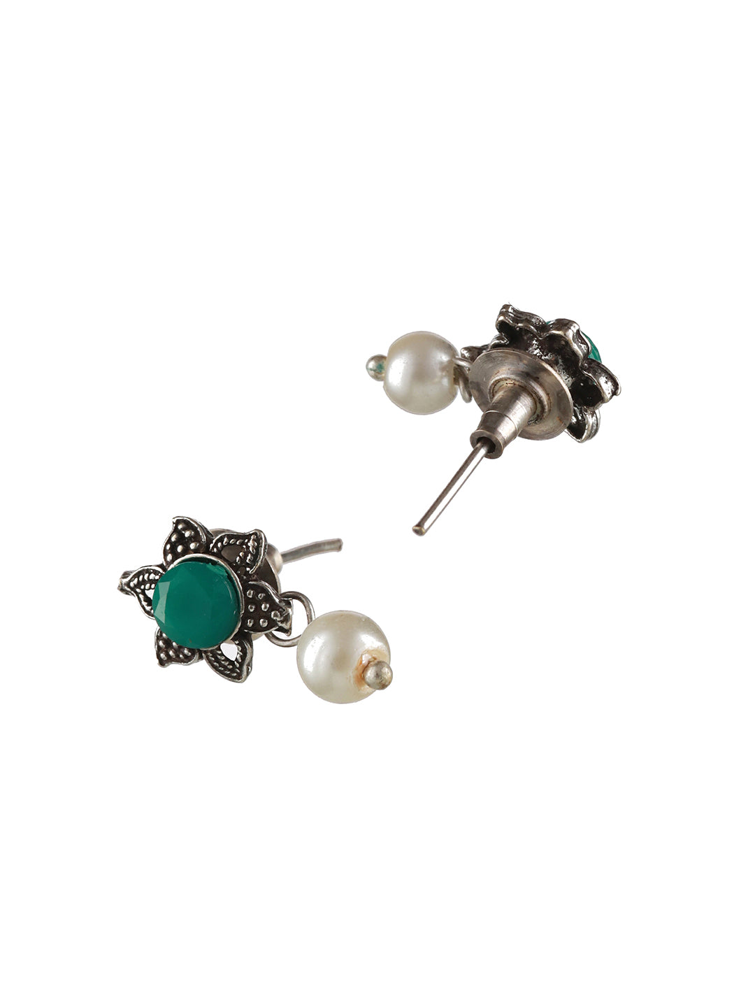 Oxidised Silver-Tone Green Stone Studded & Pearl Beaded Jewellery Set