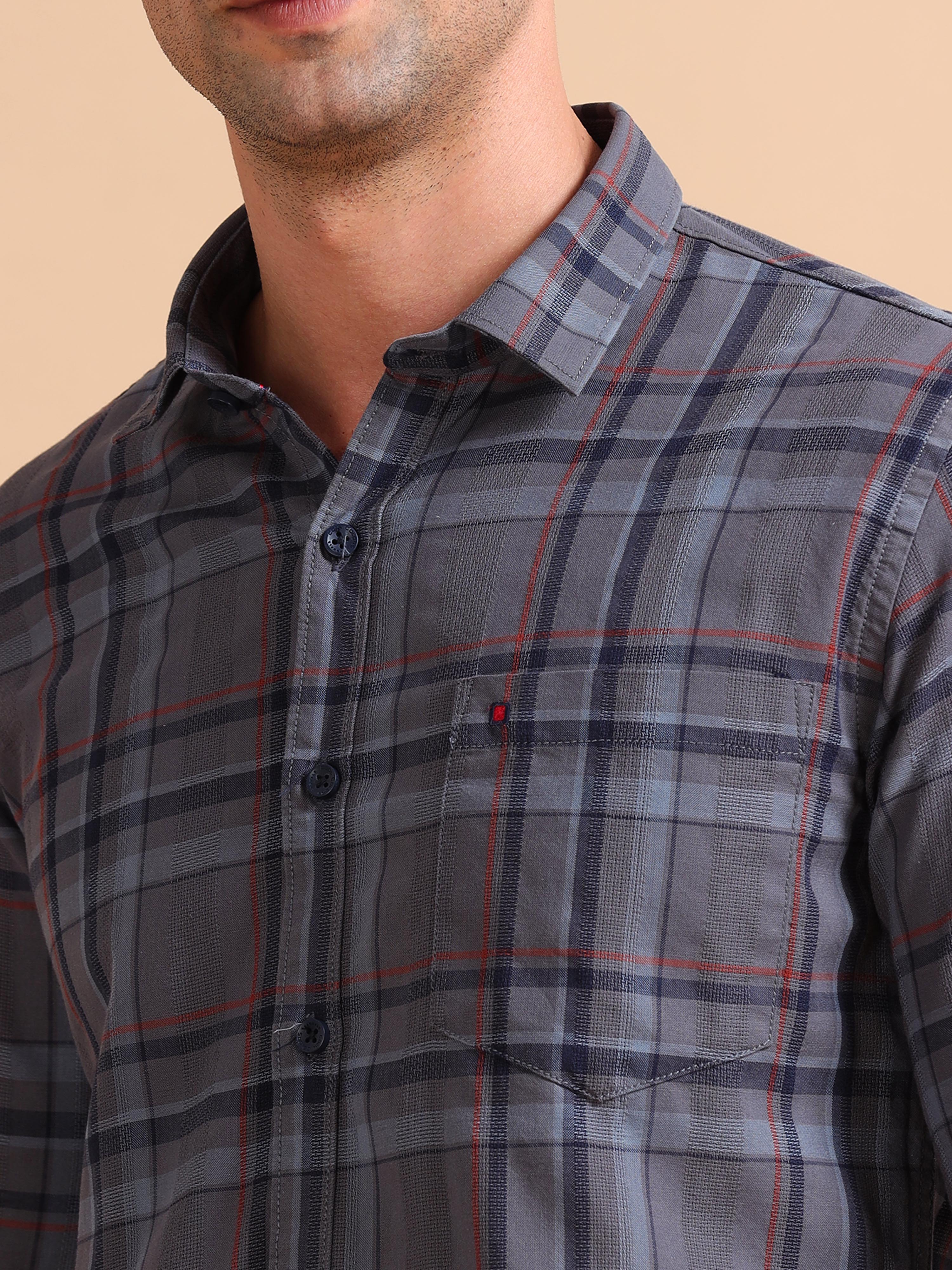 Men Dark Grey Slim Fit Checks Full Sleeve Casual Shirt Cool Colors