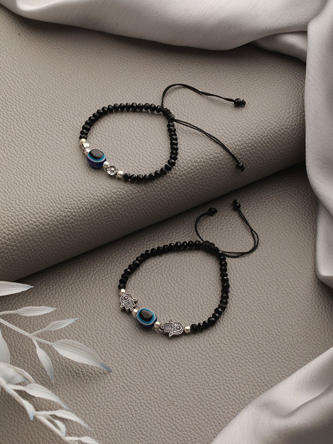 Set Of 2 Silver Plated & Floral Crystal Beaded Evil Eye & Hamza Bracelet