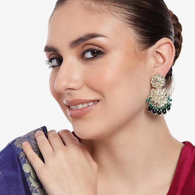 Jazz And Sizzle Green & Gold Plated Floral Shaped Drop Earrings