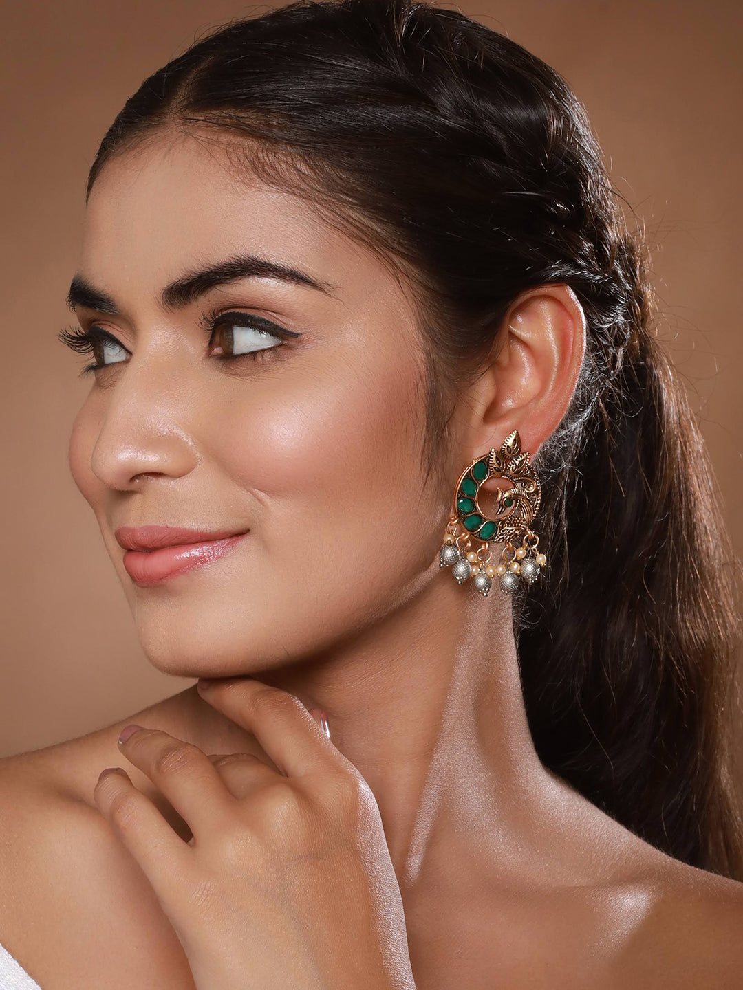 Jazz And Sizzle Gold-Plated Artificial Stone Studded & Beaded Peacock Shaped Drop Earrings