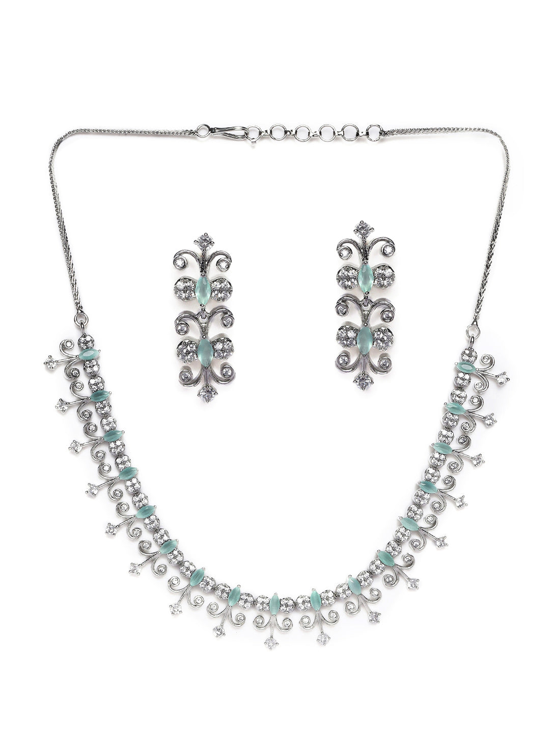 Silver-Plated White & Sea Green Ad-Studded Handcrafted Jewellery Set