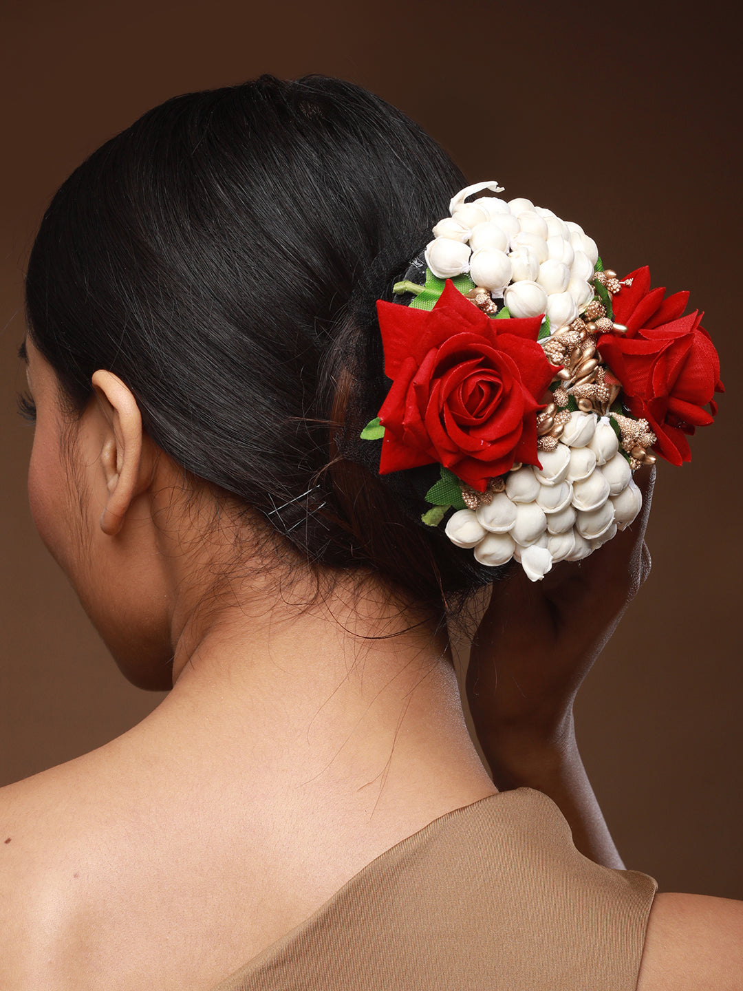 Women Red Rose & White Mogra Embellished Artificial Flower Gajra Designed Hair Bun Cover