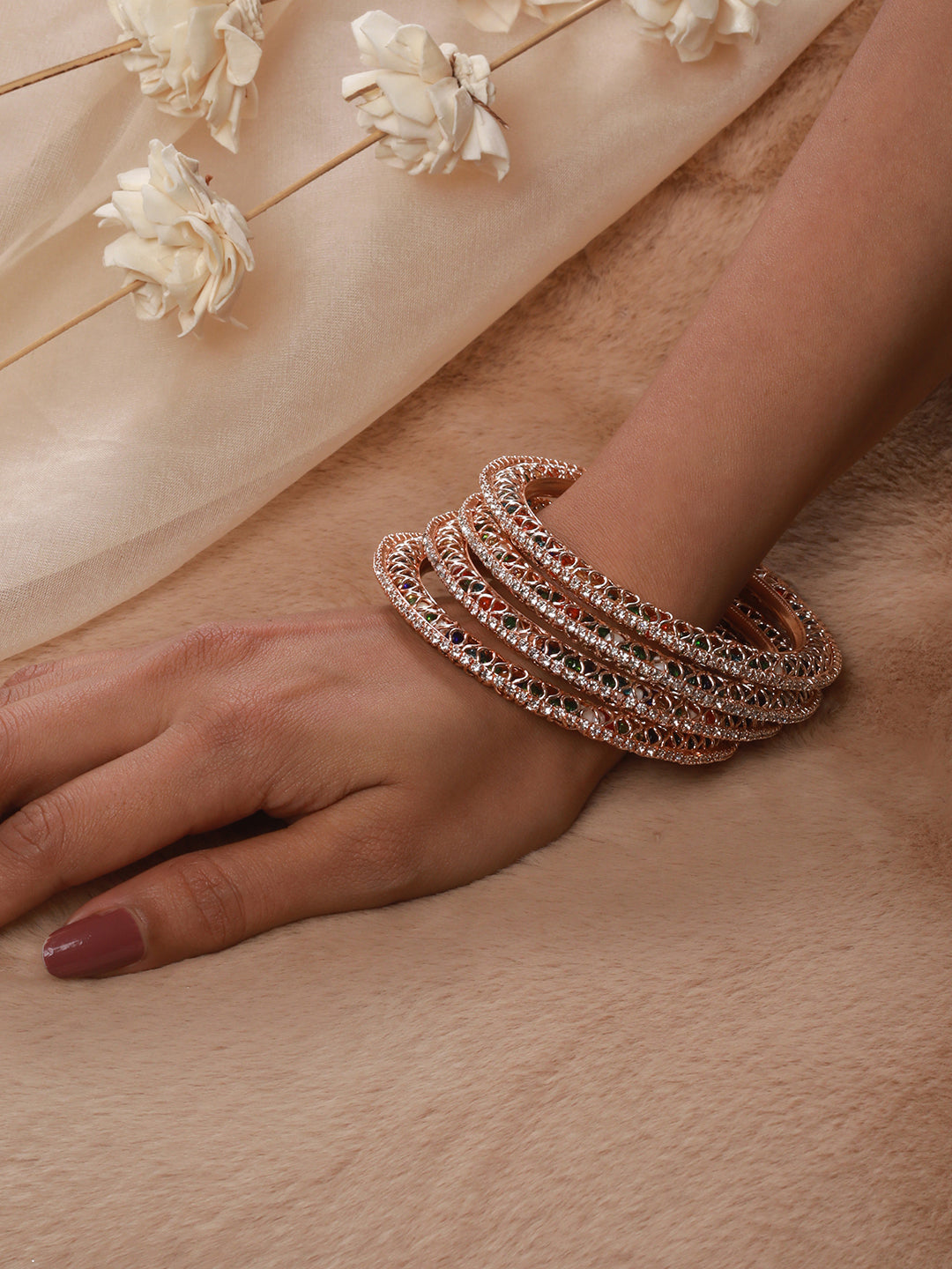 Set Of 4 Rose Gold Plated Stone-Studded Crystal-Beaded Bangles
