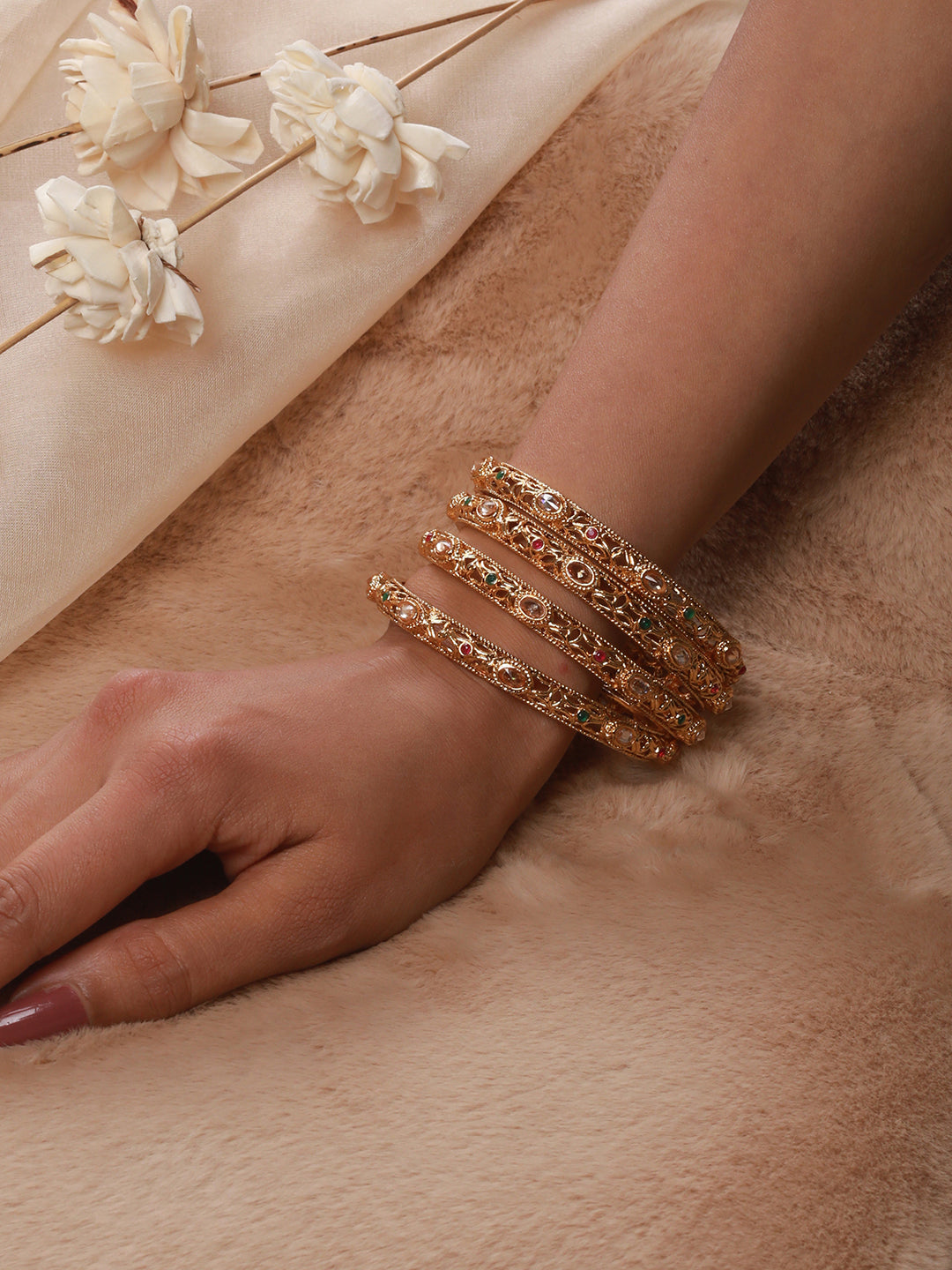 Set Of 4 24Ct Gold-Plated Stone-Studded Bangles