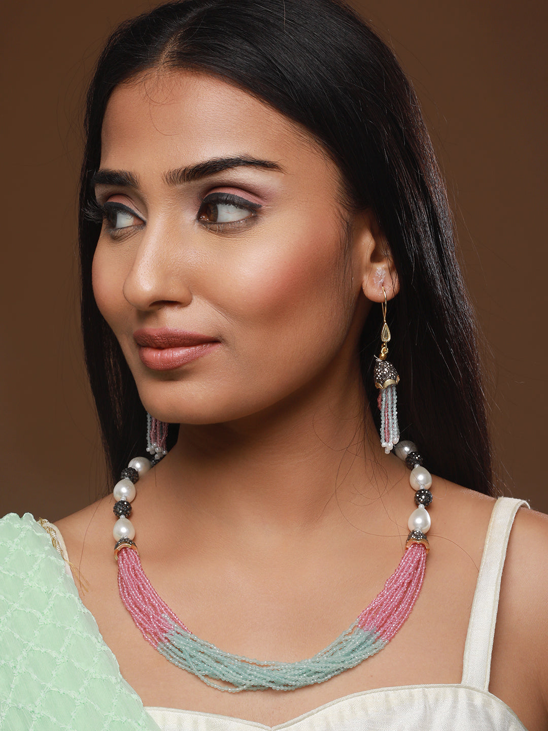 Gold-Plated Beaded Necklace And Earrings