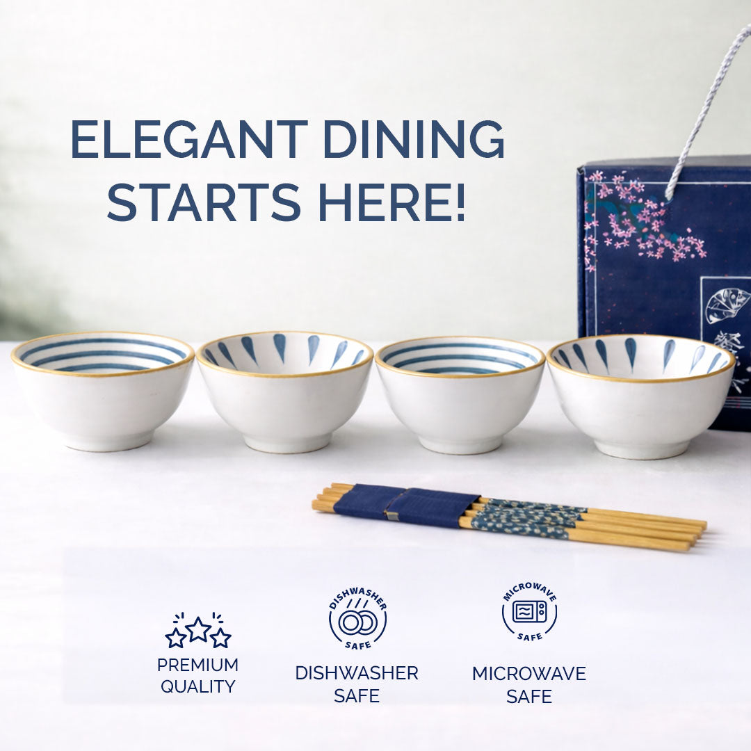 Rioware 300ml Ceramic Bowl Set of 4 with 8 Chopsticks | 11.3 cm Snack & Rice Bowls | Microwave & Dishwasher Safe | BPA & Lead-Free | Ideal for Dal, Fruits, Salad & Serving- Sapphire Touch