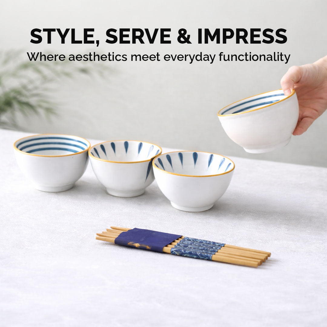 Rioware 300ml Ceramic Bowl Set of 4 with 8 Chopsticks | 11.3 cm Snack & Rice Bowls | Microwave & Dishwasher Safe | BPA & Lead-Free | Ideal for Dal, Fruits, Salad & Serving- Sapphire Touch