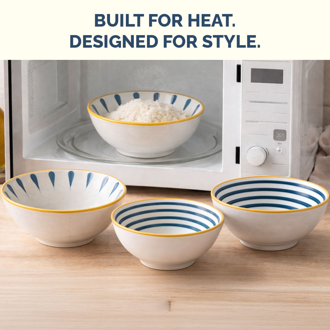 Rioware 300ml Ceramic Bowl Set of 4 with 8 Chopsticks | 11.3 cm Snack & Rice Bowls | Microwave & Dishwasher Safe | BPA & Lead-Free | Ideal for Dal, Fruits, Salad & Serving- Sapphire Touch