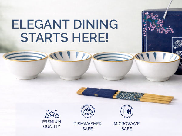 Rioware 300ml Ceramic Bowl Set of 4 with 8 Chopsticks | 11.3 cm Snack & Rice Bowls | Microwave & Dishwasher Safe | BPA & Lead-Free | Ideal for Dal, Fruits, Salad & Serving- Sapphire Touch