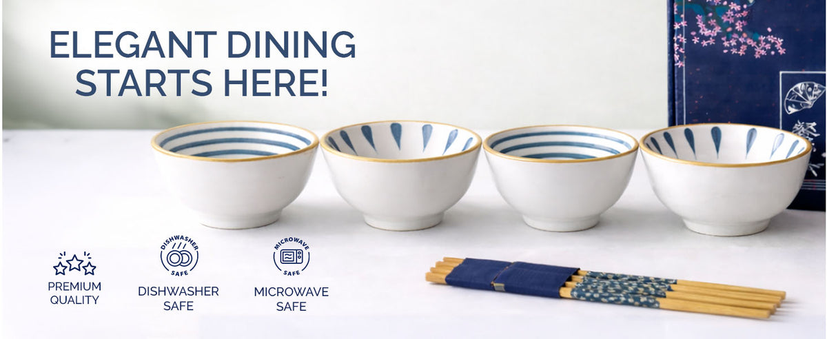 Rioware 300ml Ceramic Bowl Set of 4 with 8 Chopsticks | 11.3 cm Snack & Rice Bowls | Microwave & Dishwasher Safe | BPA & Lead-Free | Ideal for Dal, Fruits, Salad & Serving- Sapphire Touch