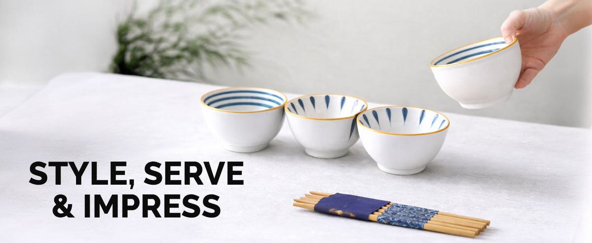 Rioware 300ml Ceramic Bowl Set of 4 with 8 Chopsticks | 11.3 cm Snack & Rice Bowls | Microwave & Dishwasher Safe | BPA & Lead-Free | Ideal for Dal, Fruits, Salad & Serving- Sapphire Touch