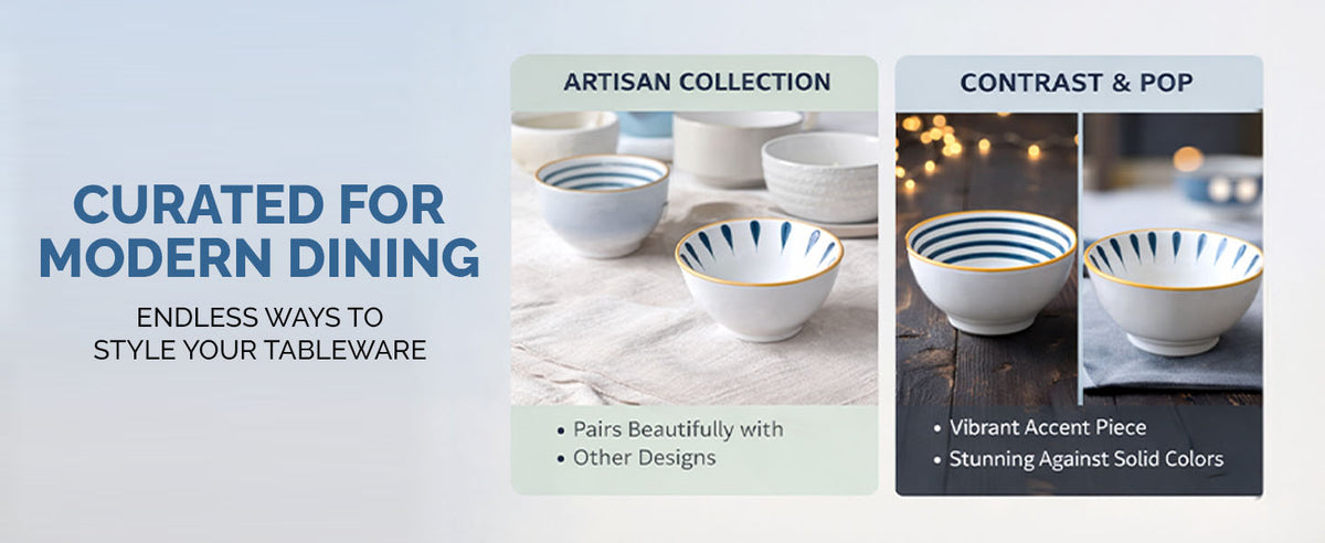 Rioware 300ml Ceramic Bowl Set of 4 with 8 Chopsticks | 11.3 cm Snack & Rice Bowls | Microwave & Dishwasher Safe | BPA & Lead-Free | Ideal for Dal, Fruits, Salad & Serving- Sapphire Touch