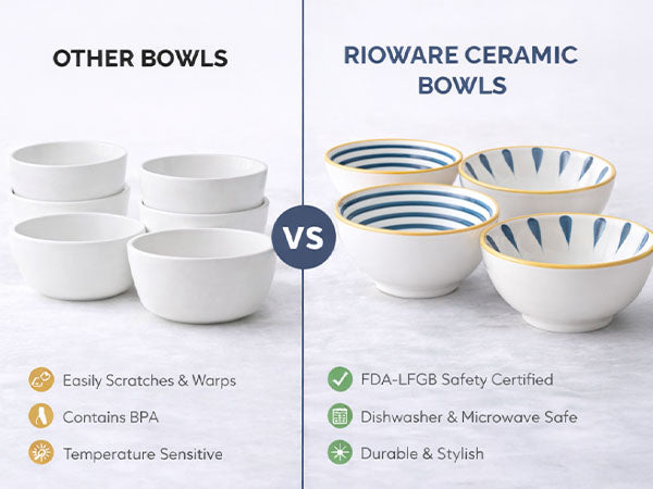 Rioware 300ml Ceramic Bowl Set of 4 with 8 Chopsticks | 11.3 cm Snack & Rice Bowls | Microwave & Dishwasher Safe | BPA & Lead-Free | Ideal for Dal, Fruits, Salad & Serving- Sapphire Touch
