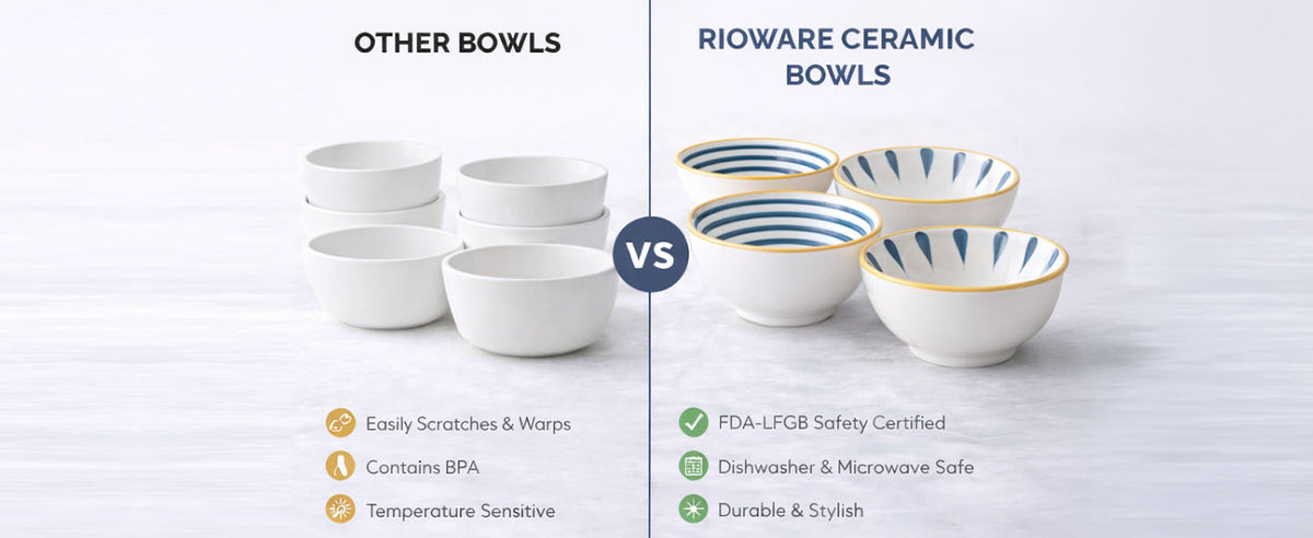 Rioware 300ml Ceramic Bowl Set of 4 with 8 Chopsticks | 11.3 cm Snack & Rice Bowls | Microwave & Dishwasher Safe | BPA & Lead-Free | Ideal for Dal, Fruits, Salad & Serving- Sapphire Touch