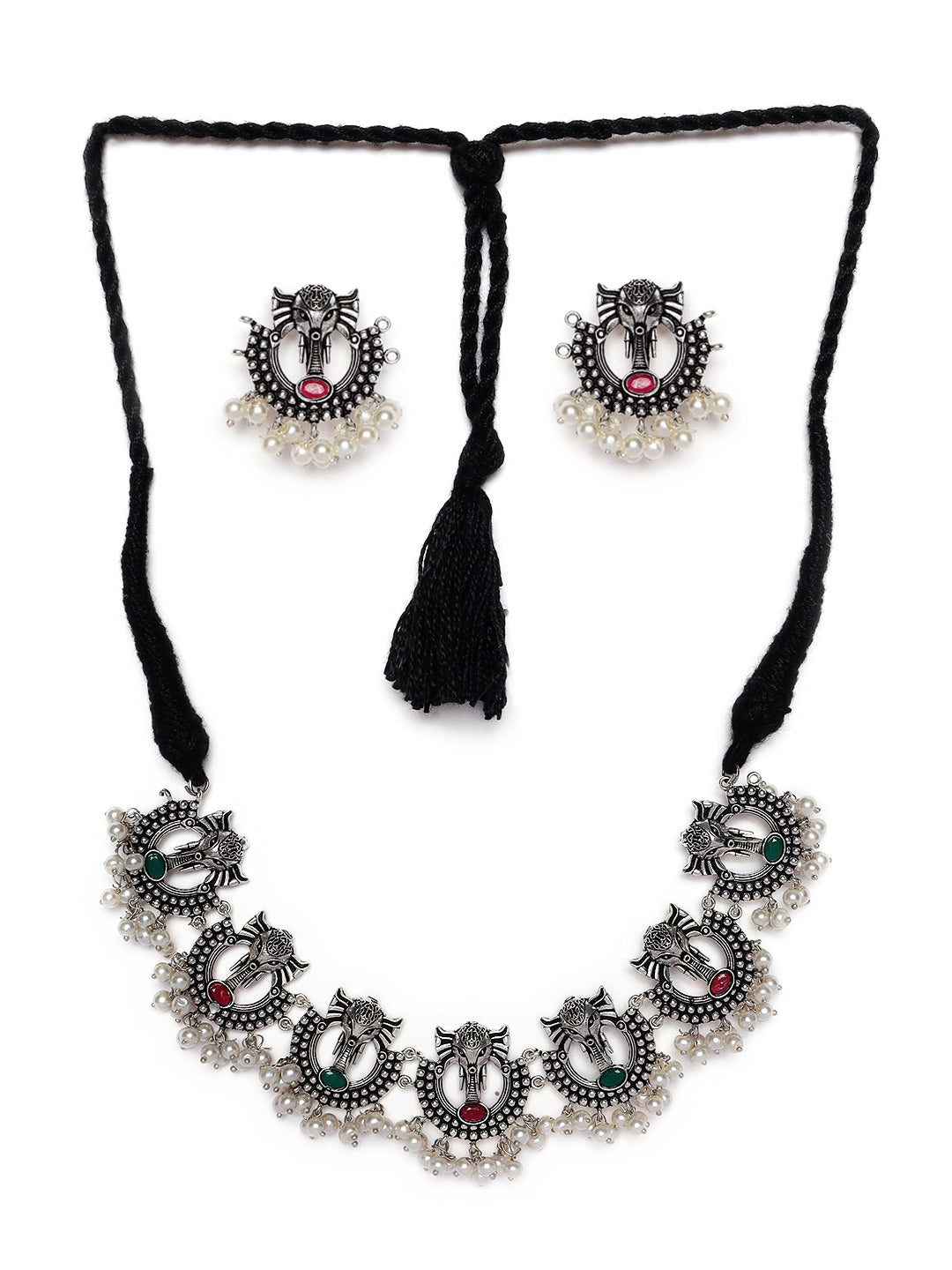 Oxidised Silver-Plated & Green Stone-Studded & Beaded Traditional Jewellery Set